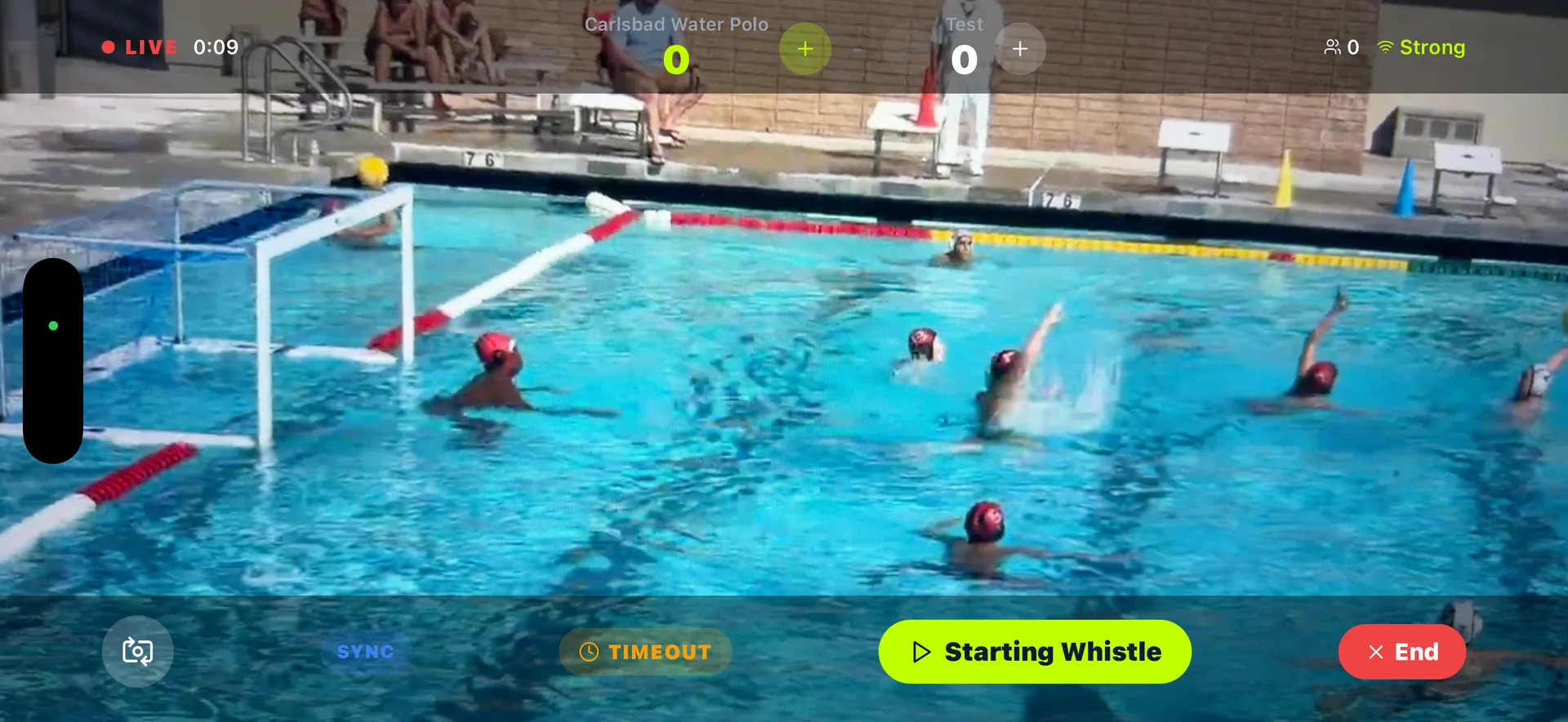 Live SnapStats broadcast of a water polo game with the running score overlaid on the stream