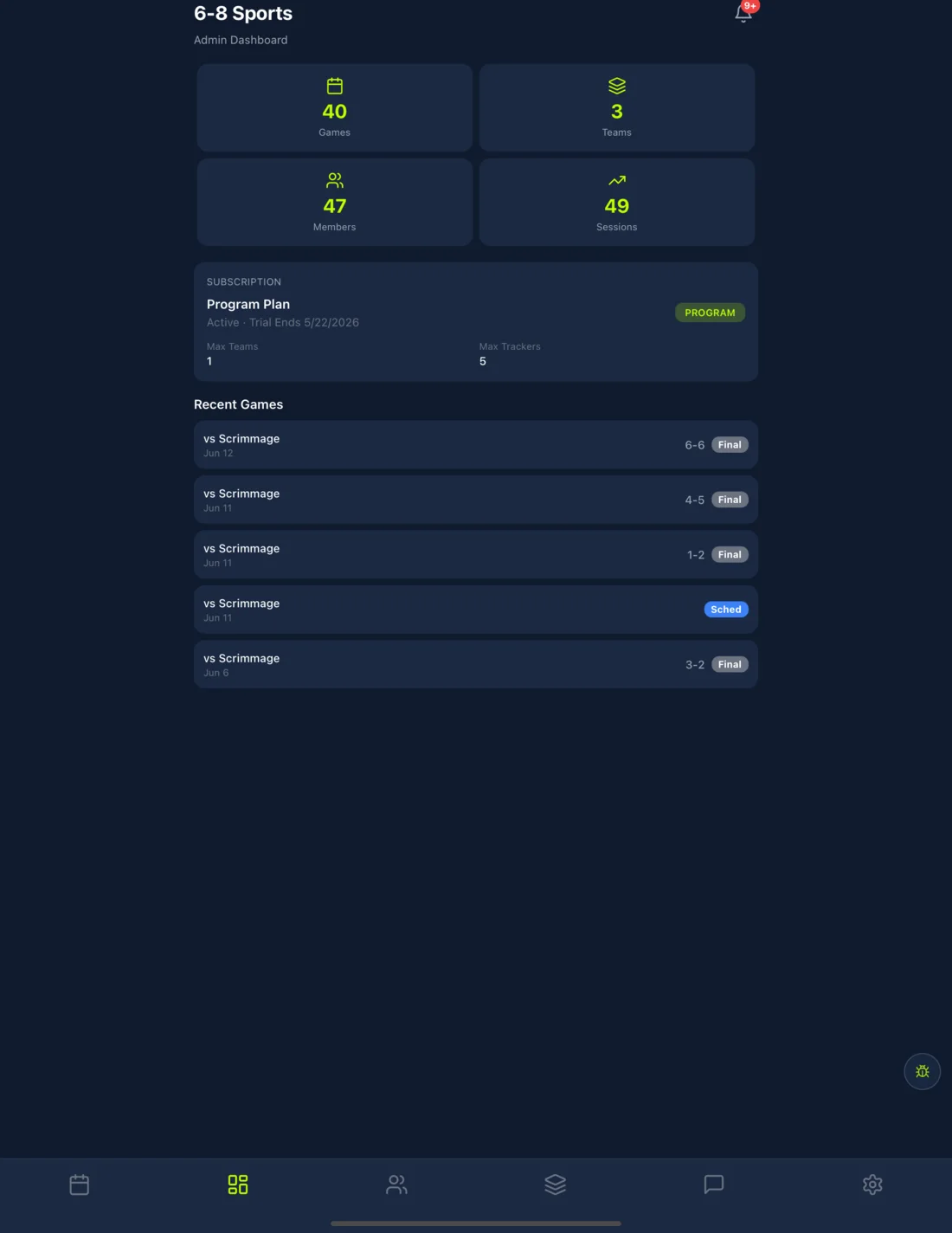 Club admin dashboard on iPad with games, teams, members, and recent results