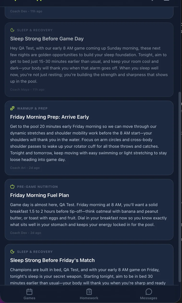 Performance Coach feed with sleep, nutrition, and prep messages