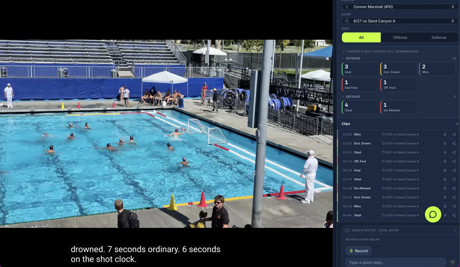 SnapStats film room: game video beside a synchronized list of tagged events